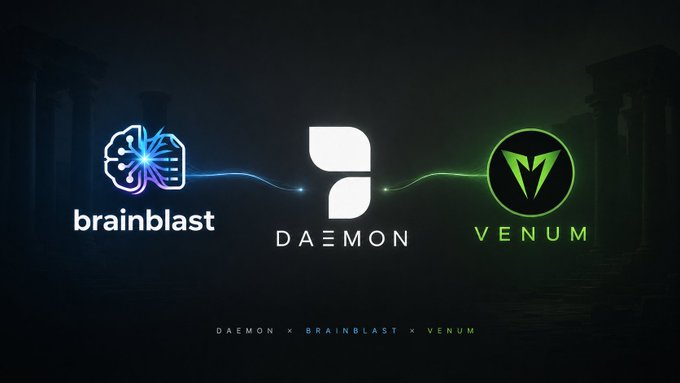 A promotional graphic featuring three logos—"brainblast" (in blue with a brain-circuit icon), "DAEMON" (in white with a stylized "D" emblem), and "VENUM" (in green with a serpent head icon)—connected by flowing blue and green light lines against a dark background, with the text "DAEMON x BRAINBLAST x VENUM" displayed below, visually representing the collaborative partnership mentioned in the post.
