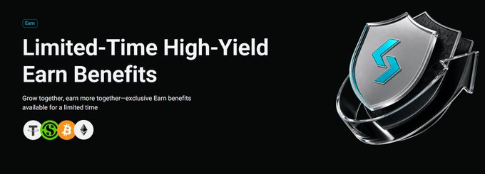 A shield graphic accompanies a promotional banner for "Limited-Time High-Yield Earn Benefits" featuring crypto logos for USDT, USDC, BTC, and ETH, suggesting Bitget's platform security and earning opportunities amid the post's discussion of exchange recovery and user protection measures following a major incident.