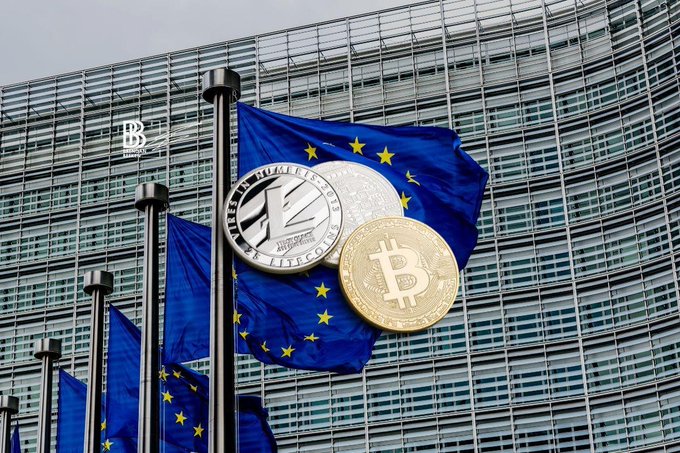 Multiple European Union flags fly in front of a modern glass building, overlaid with a silver Litecoin and gold Bitcoin coin, visually reinforcing the post's message about Europe's MiCA regulations reshaping the crypto landscape through new compliance pressures.