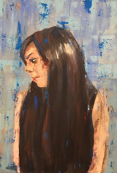 An expressive portrait painting of a woman with long dark hair, looking down, set against an abstract background with blue, gray, and beige brushstrokes.