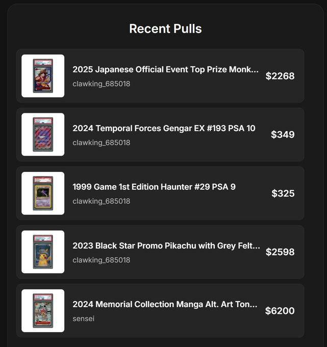 A digital interface titled 'Recent Pulls' listing trading cards with seller names like 'clawking_685018' and 'sensei', alongside prices such as '$2268', '$349', '$325', '$2598', and '$6200'.
