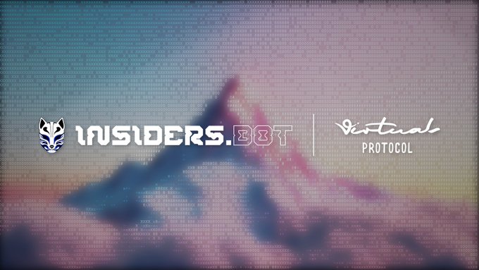 The image displays the "Insiders.bot" logo alongside the "Virtuals Protocol" branding, set against a colorful digital background featuring a running figure silhouette. This promotional graphic supports the announcement of the first prediction market terminal, powered by 1.8M profitable traders, now live on Robinhood Chain.