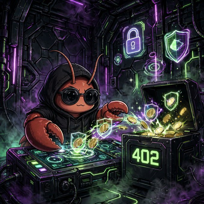 A digital artwork of a red crab character wearing sunglasses and a black hoodie, standing behind a DJ-style mixing console next to an open treasure chest displaying '402' and filled with gold coins and glowing Ethereum-style tokens.