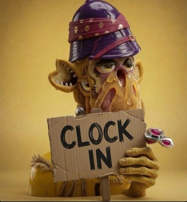 A grotesque, melted-looking cartoon character wearing a purple pirate hat holds a cardboard sign reading "CLOCK IN" while gripping a jewel-encrusted dagger.