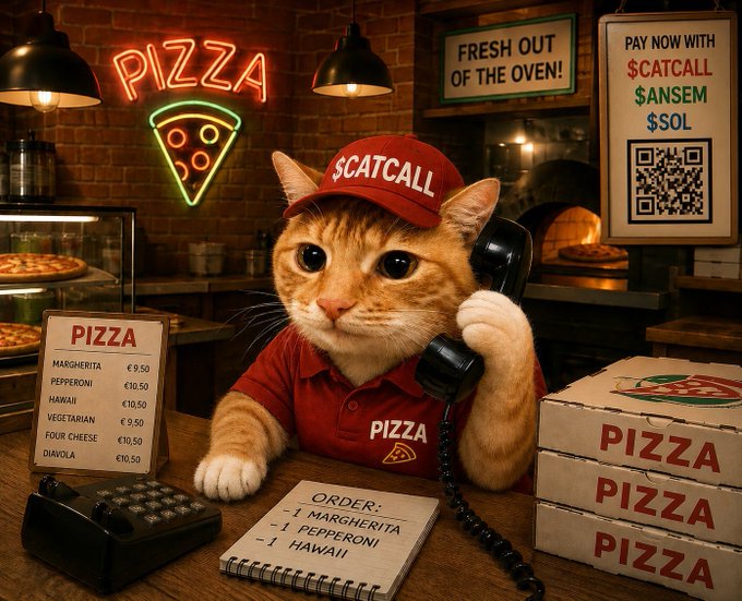 An orange tabby cat wearing a red "$CATCALL" cap and "PIZZA" shirt takes a phone order at a pizzeria, with a menu listing Margherita, Pepperoni, Hawaiian, Vegetarian, Four Cheese, and Diavola at €9.50–€10.50, plus signage accepting payment via $CATCALL, $ANSEM, and $SOL. The image playfully ties to the post's mention of $CATCALL by showing the meme coin literally working the phone at a pizza shop, flipping the "backwards fears" about jumping in on a ticker into a whimsical scene of feline customer service.