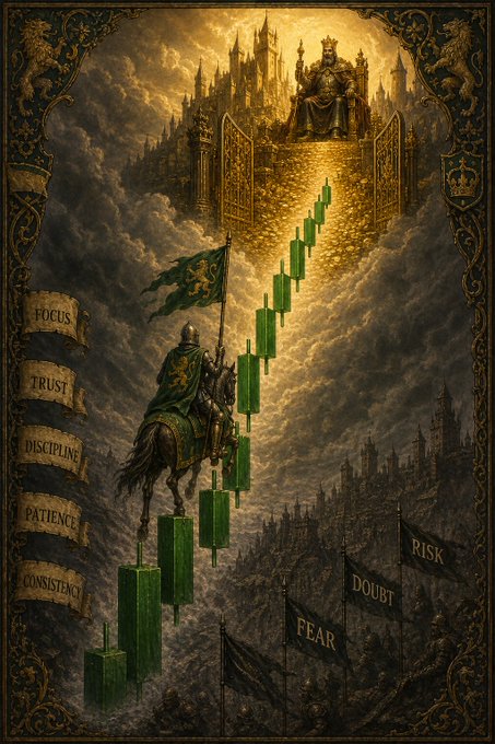 An ornate illustration depicts a knight on horseback climbing candlestick-chart-like steps toward a golden castle where a king sits enthroned, with banners labeled 'FOCUS', 'TRUST', 'DISCIPLINE', 'PATIENCE', 'CONSISTENCE' on the left and 'RISK', 'DOUBT', 'FEAR' on the right.