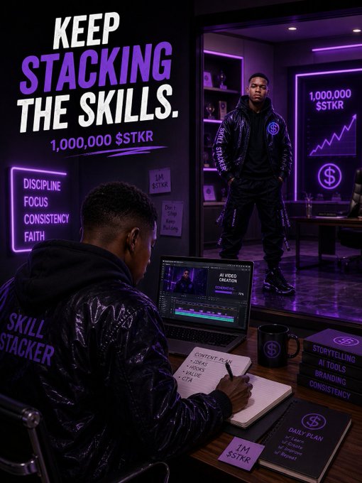 A neon-lit promotional image reading 'KEEP STACKING THE SKILLS. 1,000,000 $TKR' showing a person editing video with lists of 'DISCIPLINE, FOCUS, CONSISTENCY, FAITH' and 'AI TOOLS, BRANDING, CONSISTENCY' visible.