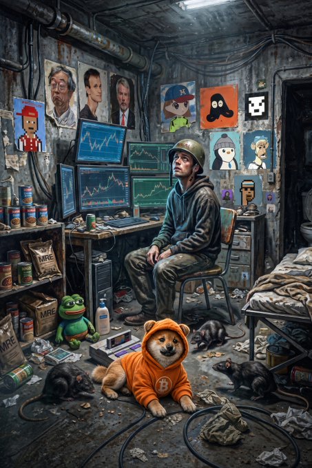 An illustration of a person in a hoodie and helmet sitting at a desk with multiple monitors displaying charts, surrounded by meme posters and Shiba Inu dogs, one of which wears an orange Bitcoin hoodie.