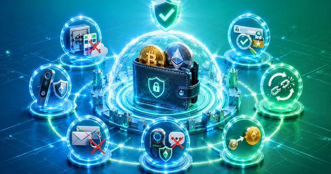 A digital illustration depicting cryptocurrency security, featuring a wallet with Bitcoin and Ethereum coins surrounded by protective holographic shields with icons representing security features like encryption and verification.