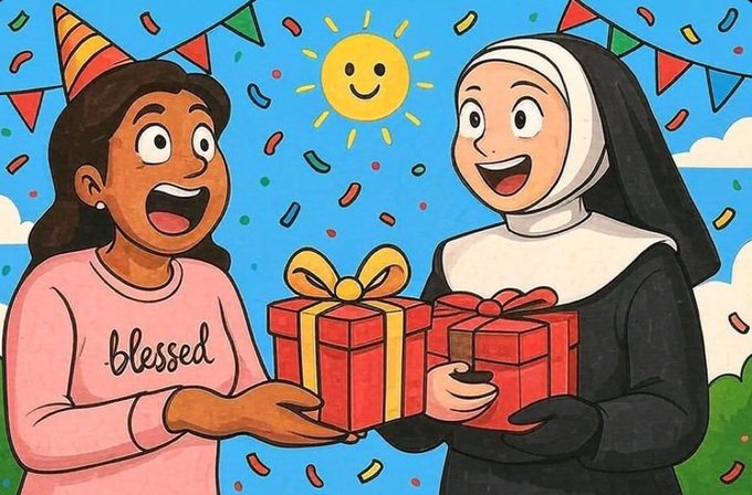 The image features two women standing next to each other with gifts in their hands. One woman has a gift for another woman who is wearing a nun's hat. The background of the image includes a blue sky, green trees, and colorful confetti. There are also some text elements present in the image that read "Good Morning quick “10 minute check” on @useTria, @quipnetwork, and @Appreciators_IO turned into me acting like I've got a crypto salary, quantum responsibilities, and NFT homework all due at the same time". The overall scene appears to be related to a celebration or special occasion.