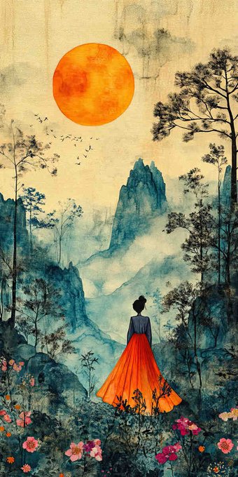 An artistic illustration in East Asian ink-wash style, depicting a woman in a flowing red skirt viewed from behind as she looks toward mountains under a large orange sun.