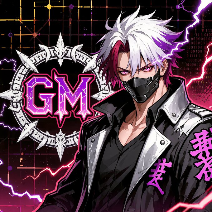 Anime-style graphic of a white and purple-haired character in a black mask and jacket, with a large 'GM' logo and lightning effects in the background.