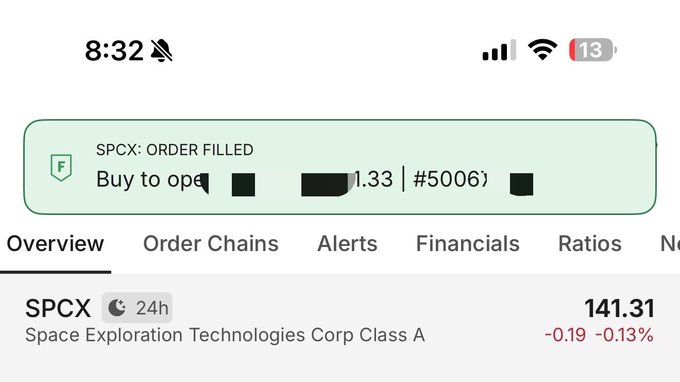 Mobile screenshot showing a stock trading app with an order filled notification for 'SPCX: ORDER FILLED' at $141.33, and a price chart showing SPCX (Space Exploration Technologies Corp Class A) at 141.31 with a -0.13% change.