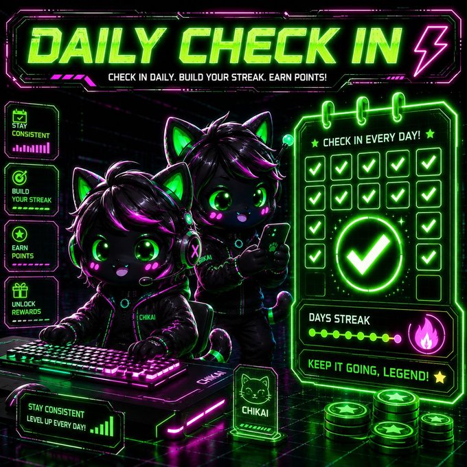 A neon green and pink cyberpunk-themed 'DAILY CHECK IN' graphic featuring chibi characters with cat ears and green eyes, with text including 'CHECK IN DAILY. BUILD YOUR STREAK. EARN POINTS!' and 'DAYS STREAK'.