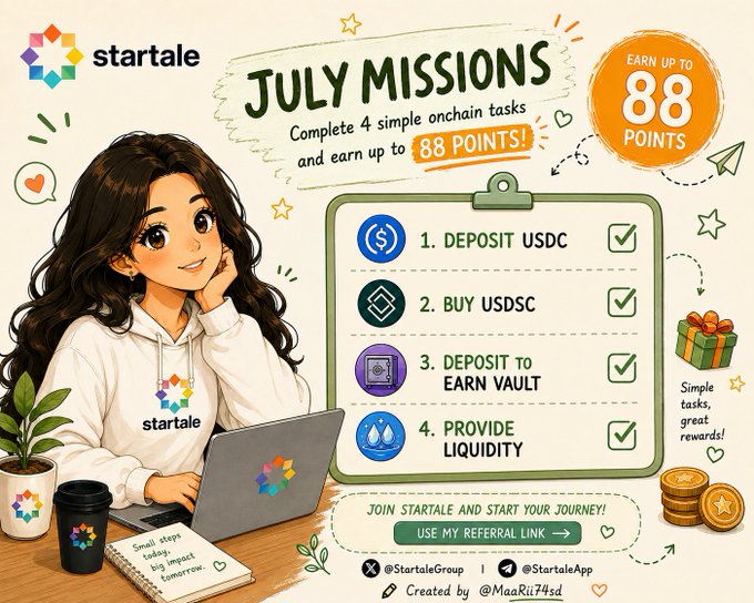 Startale promotional graphic for 'July Missions' offering up to 88 points for completing 4 onchain tasks: deposit USDC, buy USDSC, deposit to earn vault, and provide liquidity.
