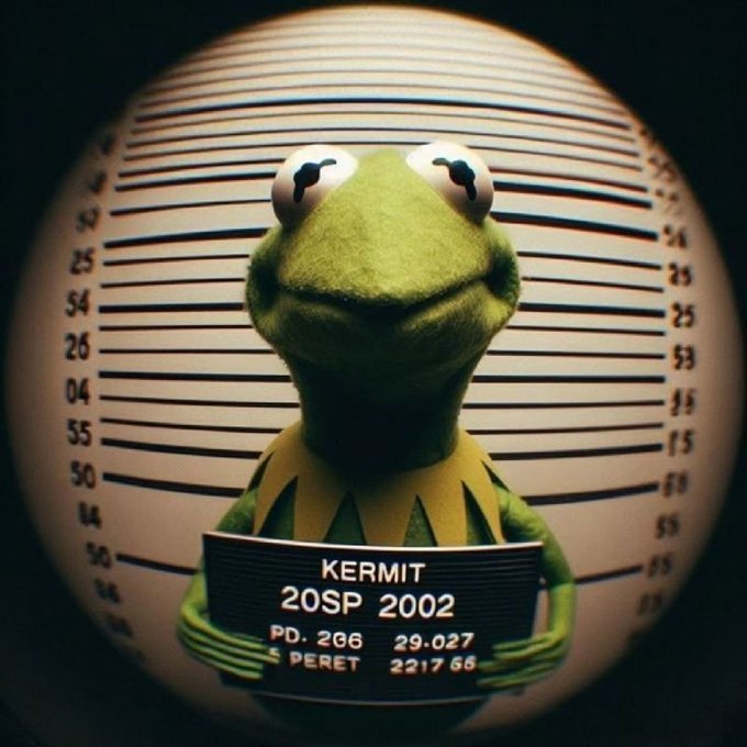 The image shows Kermit the Frog posed for a mugshot, holding a booking placard that reads "KERMIT 20SP 2002 PD. 206 29.027 PERET 2217 66" against a height chart backdrop. 

The caption humorously ties to the post's theme of a "leaderboard," as the mugshot format ironically presents Kermit like a wanted criminal on a most-wanted list, mocking the idea of users competing for spots or rankings in the mentioned projects.