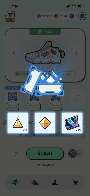 Screenshot of a mobile game interface featuring a shoe trainer station with a virtual sneaker, inventory items, and a START button.