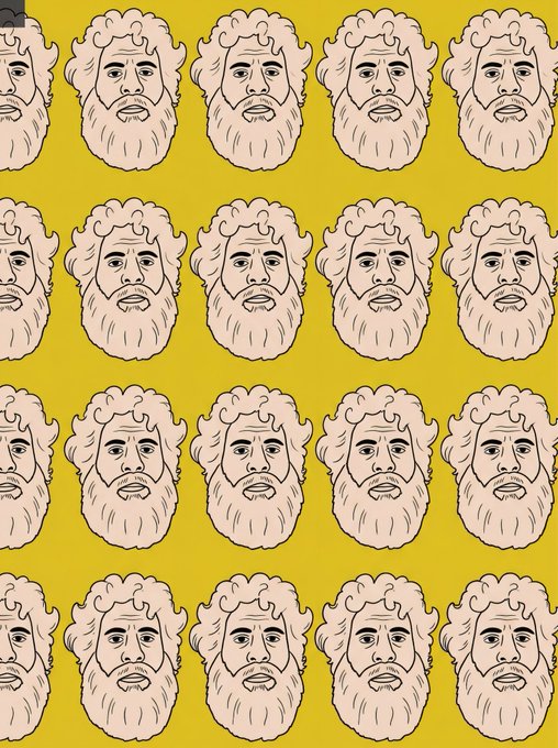 A repeating pattern of stylized illustrated beards and faces with varying facial expressions on a yellow background, visualizing the post's message that "Real" people come in many forms with diverse looks and identities.