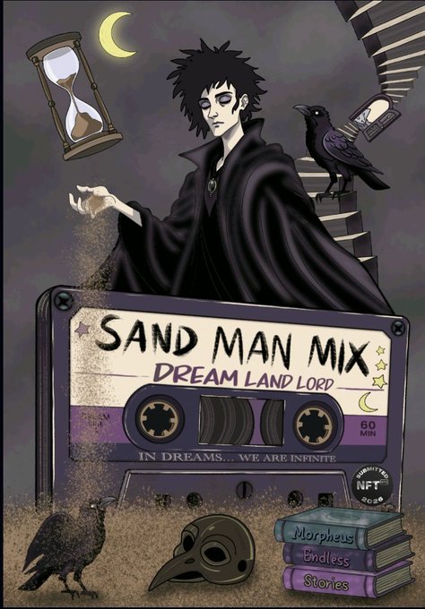 Artwork of a goth-styled figure with spiky black hair and a raven, standing above a large cassette tape labeled 'SAND MAN MIX - DREAM LANDLORD' with the tagline 'IN DREAMS... WE ARE INFINITE.'