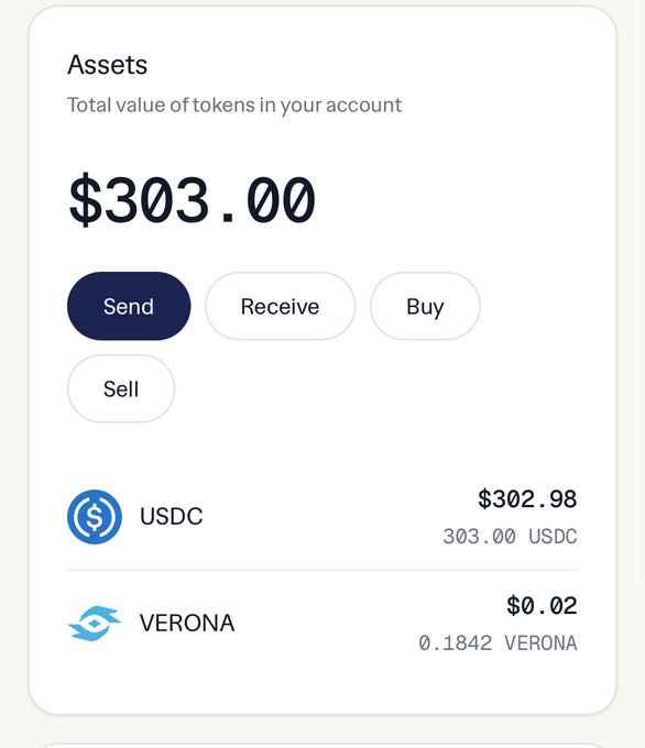 A digital wallet interface showing total assets of $303.00, with options to Send, Receive, Buy, and Sell, holding 303.00 USDC ($302.98) and 0.1842 VERONA ($0.02).
