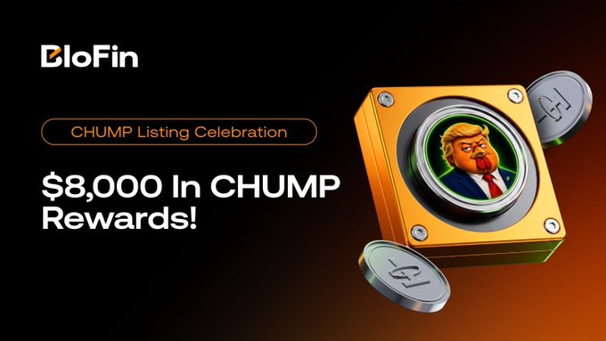 A BloFin promotional graphic celebrating the CHUMP listing, featuring a 3D illustration of an orange safe containing a meme-style character, accompanied by the text "CHUMP Listing Celebration" and "$8,000 in CHUMP Rewards!" — directly advertising the exchange's $8,000 reward pool for trading the newly launched $CHUMP token before the September 17 deadline.