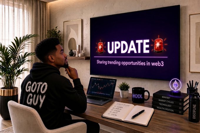 A man wearing a black hoodie that says 'GOTO GUY' sits at a desk looking at a large TV screen displaying 'UPDATE Sharing trending opportunities in web3'. The desk also holds a laptop, an 'HODL' mug, and books with titles like 'MINDSET', 'MARKET CYCLES', 'TECHNOLOGY', and 'WEALTH CREATION'.