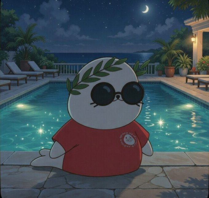 An illustrated character resembling a seal or penguin, wearing sunglasses, a leafy crown, and a red shirt, sits in front of a lit swimming pool at night with the ocean and moon in the background.