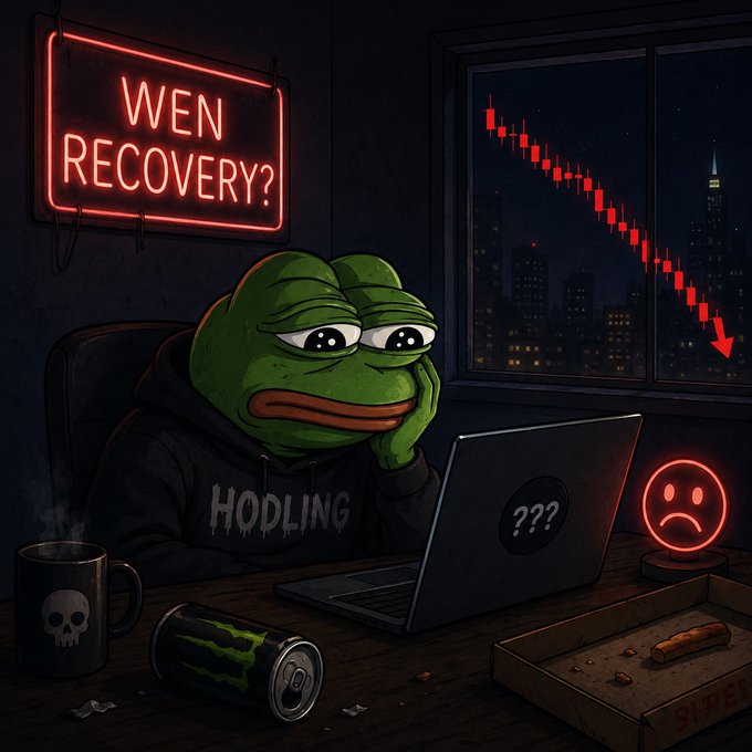 A sad Pepe the Frog in a "HODLING" hoodie sits at a laptop displaying "???," with a glowing red neon sign reading "WEN RECOVERY?" behind him and a steeply declining red candlestick chart visible through the window, alongside a skull mug, crushed Monster can, and sad face neon light—perfectly capturing the despair of holding dead altcoins like $ADA and $DOT despite all warning signs.