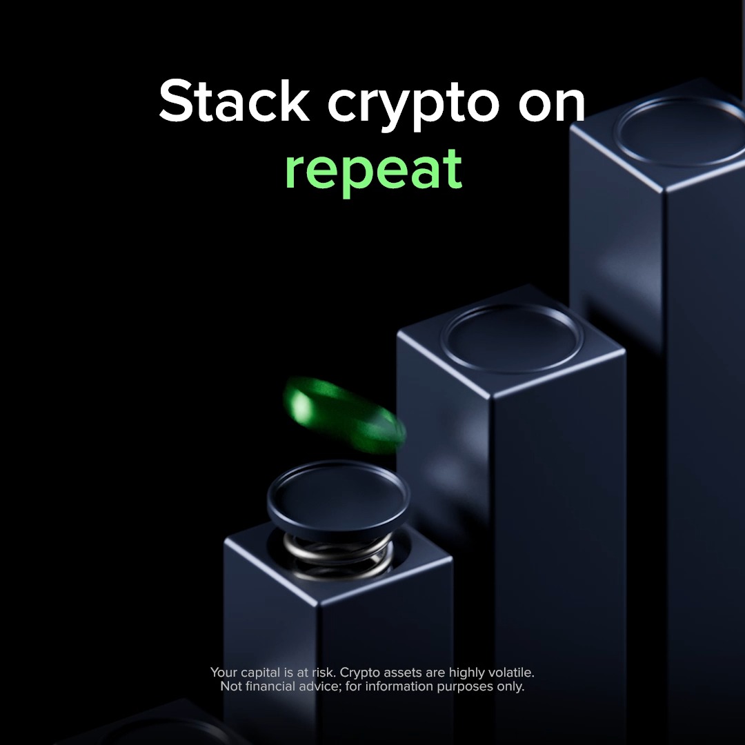 A dark, sleek advertisement for Uphold features three ascending metallic blocks resembling a bar graph, with a glowing green coin hovering above the lowest block's spring-loaded platform. Bold text reads "Stack crypto on repeat" with a disclaimer noting "Your capital is at risk. Crypto assets are highly volatile. Not financial advice; for information purposes only." The image visually reinforces the post's message about automating recurring crypto purchases to steadily build a portfolio regardless of market volatility.