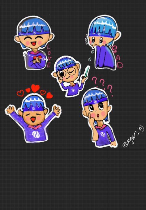 Fan art illustration of five chibi-style character poses wearing a blue helmet and purple outfit with the Ripple (XRP) logo, labeled 'LOVE', 'SAD', and '??' expressions.