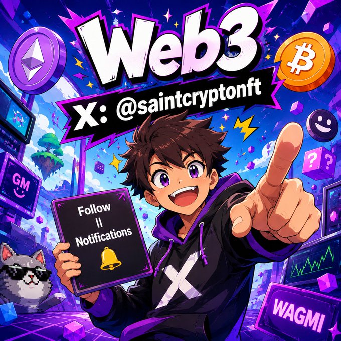 Colorful anime-style illustration promoting 'Web3' with the handle 'X: @saintcryptonft', featuring a character pointing forward while holding a 'Follow || Notifications' sign, surrounded by crypto coin icons and NFT imagery.