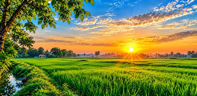 A vibrant landscape photograph showing a sunset over lush green rice fields, with a tree branch in the foreground and the sun casting golden rays across the sky.