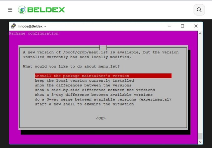 A terminal window screenshot titled 'BELDEX' showing a package configuration menu for /boot/grub/menu.lst with the highlighted option to 'install the package maintainer's version'.