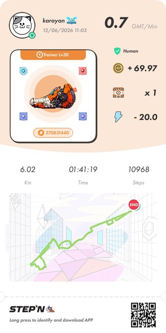 The image shows a fitness app with a map of a city, which displays the user's progress during their run. The app also provides information about the distance covered, calories burned, and steps taken. There are several icons representing different aspects of the app, such as a running shoe icon for tracking footwear, a walking icon for tracking walking, and a calorie icon for tracking caloric intake. The post is titled "StepN" with an image of a city map on it, indicating that this is likely a step-by-step guide or tutorial related to fitness activities.