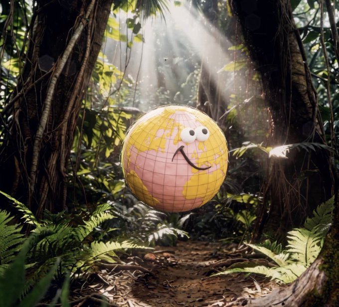 A smiling pink and yellow globe with googly eyes floats through a sunlit jungle path, symbolizing a playful journey "from one world to another." The whimsical character embodies the message of spreading positivity as part of the Open Edition Mint collaboration between D3lMundos and OpenSea.