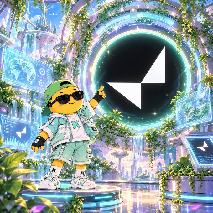 An illustration of a cartoon character in green attire with sunglasses pointing at a large black-and-white logo, surrounded by an elaborate futuristic nature scene with waterfalls and floating screens.