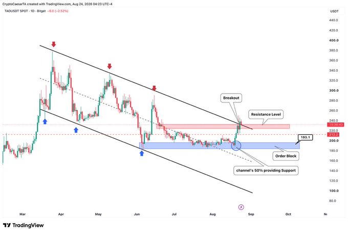 A TradingView daily candlestick chart of TAOUSDT (Bittensor) on Binance shows the price at $213.2 (-2.52%), highlighting a descending channel where the upper boundary has been broken out of near $234, with the 50% channel midline providing support and an order block near $193.1 marking potential downside risk.