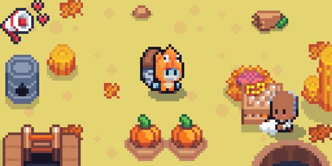 A pixel art game scene on a yellow background featuring characters, orange pumpkins, a treasure chest, meat, and a dark cave entrance.