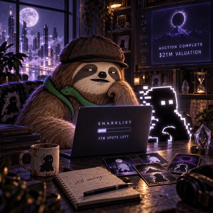 A sloth in a flat cap sits at a laptop displaying "178 SPOTS LEFT" on a "SNARKLIST" page, while a monitor behind reads "AUCTION COMPLETE $21M VALUATION," and a notebook on the desk says "still waiting..."—capturing the hopeful wait as the ZK-SNARKs auction concludes with the team already valued at $21M.