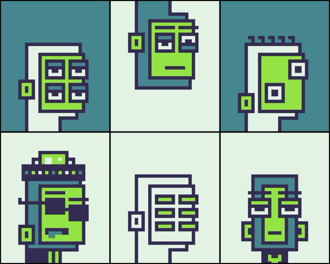 A six-panel illustration displays pixelated green and blue robot-like faces with varying features in a grid layout.