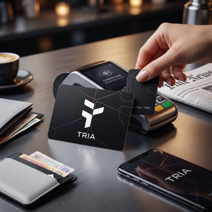 The image shows a person holding two cards, one of which appears to be a Tria Card, while another card is a credit or debit card. The person's hand is reaching for the Tria Card as they place their finger on it. In addition to these cards, there are also some coins and a cell phone visible in the scene.