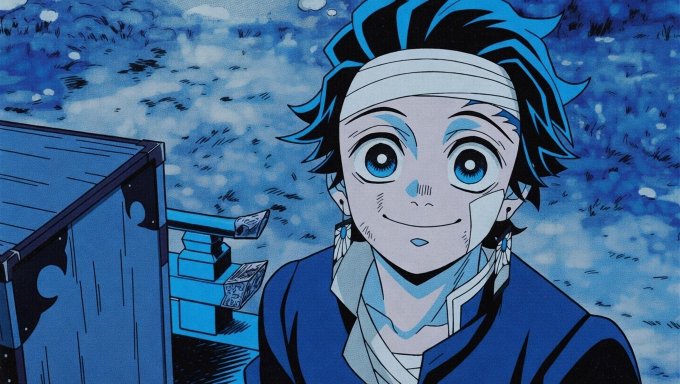 An anime/manga illustration of a young male character with blue hair, a headband, and large expressive eyes, rendered in blue tones.