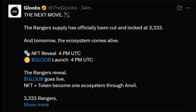 A tweet from Gloobs (@TheGloobs) announcing "THE NEXT MOVE," stating that "The Rangers supply has officially been cut and locked at 3,333," with NFT reveals and the $GLOOB token launch scheduled for 4 PM UTC.