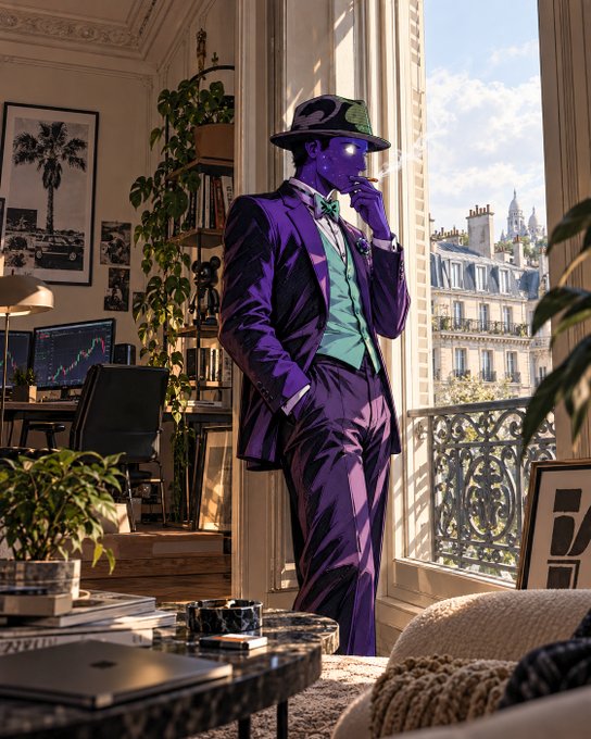 A digital illustration depicts a purple-skinned figure wearing a purple suit and green fedora smoking a cigarette in a Parisian-style apartment with a window view of Haussmann buildings.
