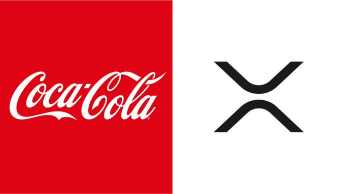 The image shows the Coca-Cola logo in its classic red and white script on the left, alongside the Ripple "X" logo in black on the right, visually representing the reported $300 billion+ partnership between the beverage giant and the blockchain company exploring on-chain payments.