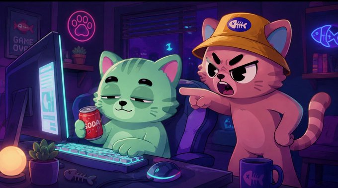 A cartoon scene shows two cats at a gaming setup; a content green cat holds a 'SODA' can while typing on a keyboard, and an angry orange cat wearing a bucket hat points accusingly at it.