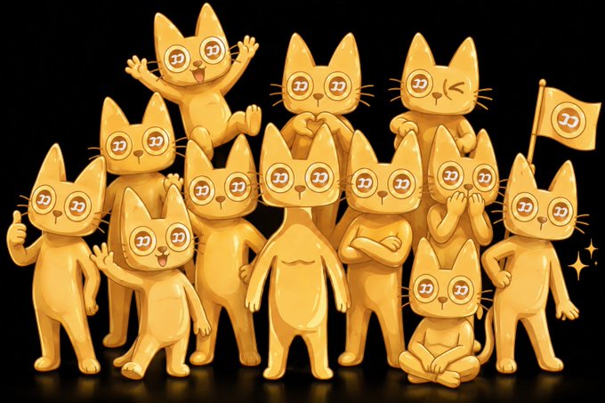 A group of cartoon-style orange cat-like characters in various poses, some wearing glasses with circular lenses, arranged against a black background. One character holds a yellow flag featuring a circular logo.