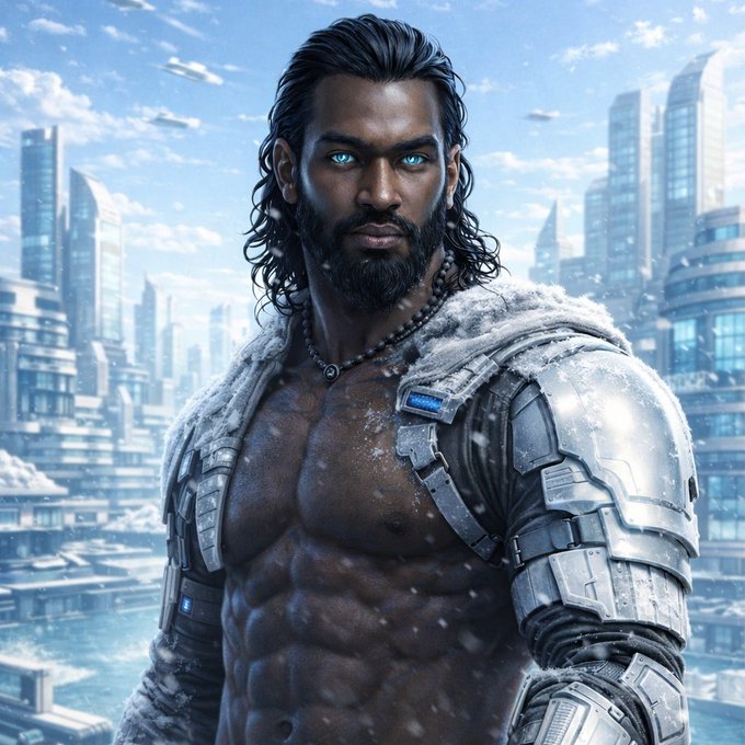 A digital artwork depicting a muscular, bearded man in futuristic armor with a snowy futuristic city behind him.