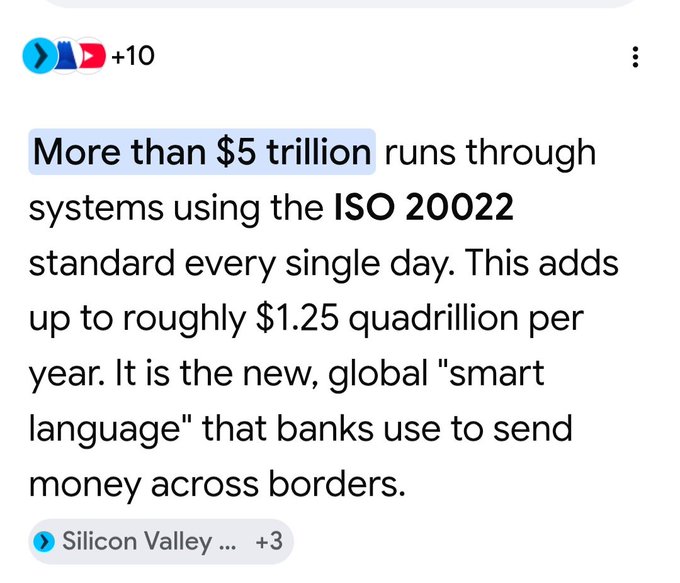 A social media post highlighting 'More than $5 trillion' of text, explaining that this amount runs through systems using the ISO 20022 standard daily, representing the new global smart language banks use to send money across borders.