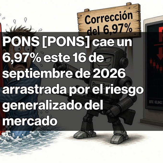 A Spanish-language crypto news graphic stating 'PONS [PONS] cae un 6,97% este 16 de septiembre de 2026 arrastrada por el riesgo generalizado del mercado', featuring an illustration of a robot pointing a gun with a wooden sign reading 'Corrección del 6,97%'.